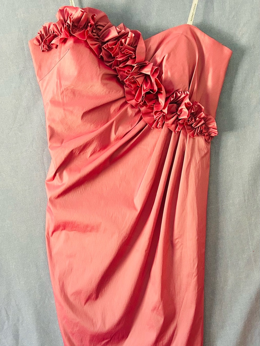 Maggie London Iridescent Pink Strapless Ruffle Cocktail Dress SZ 14